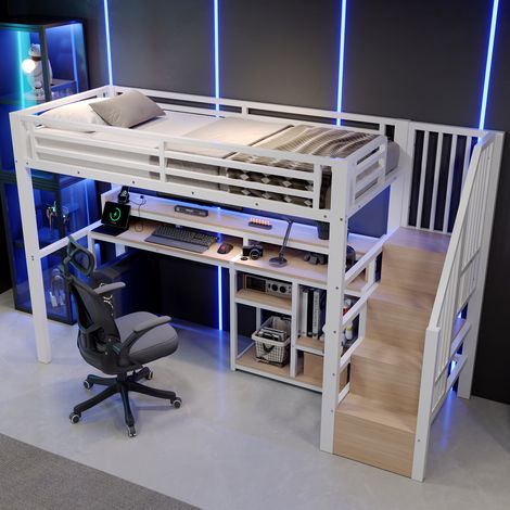 Lit mezzanine 90x200 cm avec armoire échelle, étagère, LED, USB et Type-C, structure métal et MDF - blanc (1/5)