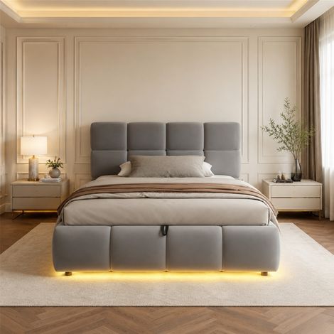 Cama con almacenaje 90 x 200 cm con LED, hidráulica, terciopelo gris HAVRYA (1/5)