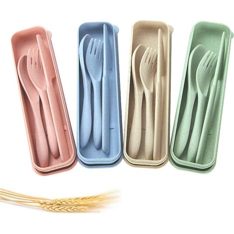 Couverts Portables En Paille De Blé - Fourchette Cuillère Couteau - Pour Pique-Nique Camping Voyage École - 4 Sets (4 Couleurs) (1/5)