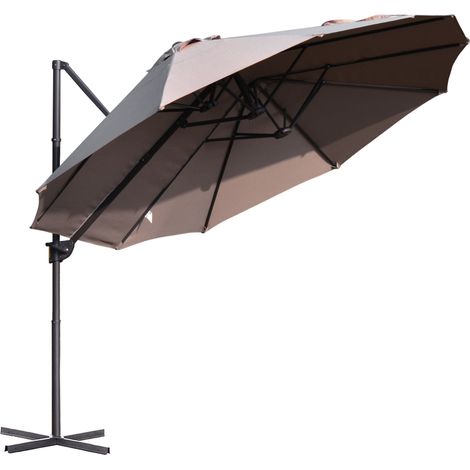 Freiarm-Sonnenschirm mit Doppeldach und 12 Streben – Einfache Kurbelbedienung für Terrasse – Braun