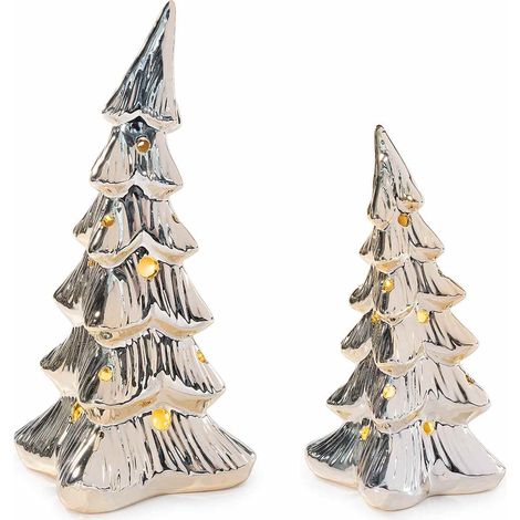 Alberi natalizi decorativi in ceramica dorata con luci LED in set da due pezzi, Grande: cm 13x13,5x24,5 H