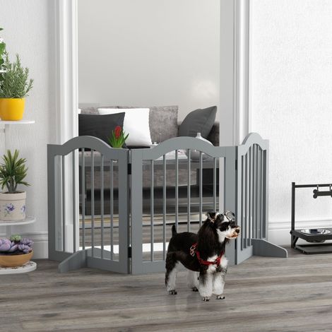 Panneau de séparation pour chien 3 pièces, 154,5 x 61 cm, grille pliante avec porte, 2 pieds de support, gris clair. (1/5)