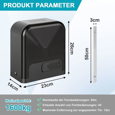 Wolketon Schiebetorantrieb Set - 750W Motor, bis 1600 kg, WiFi mit 2 Schlüssel und Fernbedienung, Hoftorantrieb, Torantrieb, Schiebetor, Toröffner Alarmleuchte
