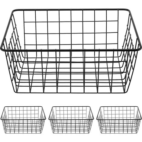 Lot de 4 paniers de rangement en fil métallique noir avec poignées, idéaux pour la cuisine, le garde-manger, le dressing ou la chambre. (1/5)
