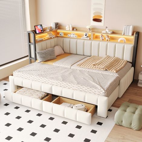 Lit banquette 90/180x200 avec lit gigogne, canapé-lit capitonné avec tiroirs de rangement, lit extensible étagère, niches, LED et USB, velours, beige (1/5)