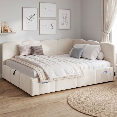 Canapé-lit 140x190 cm en velours beige, lit coffre avec ports USB A/C, poches latérales, tête de lit et sommier inclus (1/5)