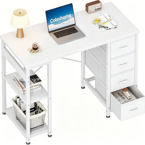 Petit bureau 100x40 cm avec 4 tiroirs – Table d’ordinateur réversible avec étagères et espace de rangement, finition blanche