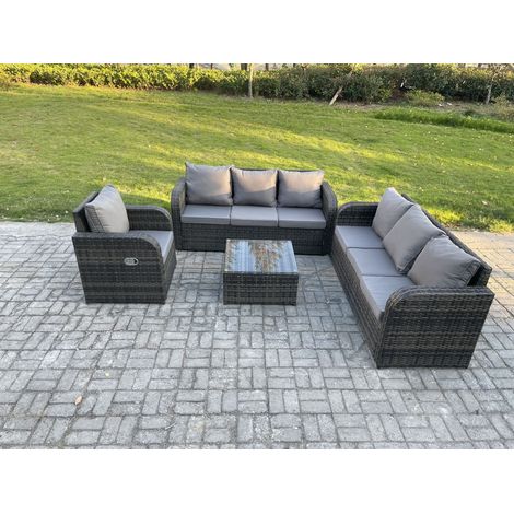 Fimous Salon de jardin exterieur avec Canapés Table basse carrée Chaise inclinable Gris foncé mixte (1/5)