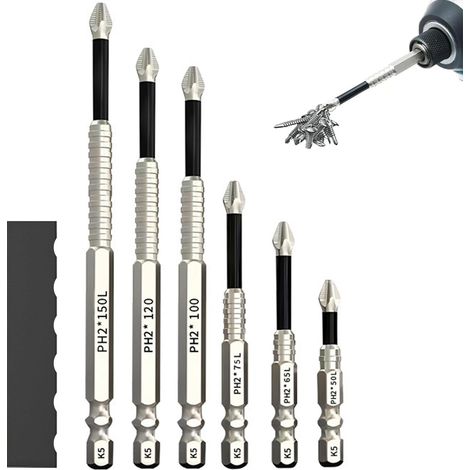 K5 Lot de 6 embouts de tournevis magnétiques résistants aux impacts - Embouts hexagonaux longs - Embouts Phillips - Tige hexagonale de 1/4" - Pour visseuse à percussion, perceuse électrique (setB) (1/5)
