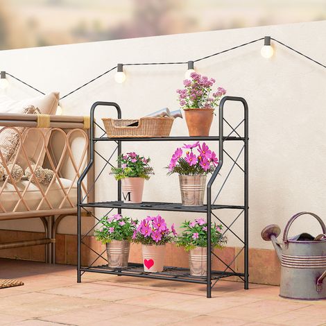 Soporte para Plantas de 3 Niveles Estantería Metálica Resistente para Interior y Exterior 69x28,5x78 cm Negro (1/5)
