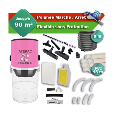 Aspirateur central PURAIR III garantie 5 ans + flexible rétractable 8 m + poignée marche/arrêt + 7 accessoires + kit 1 prise RETRAFLEX + kit prise balai (rayon d'action 90 m2) (1/5)