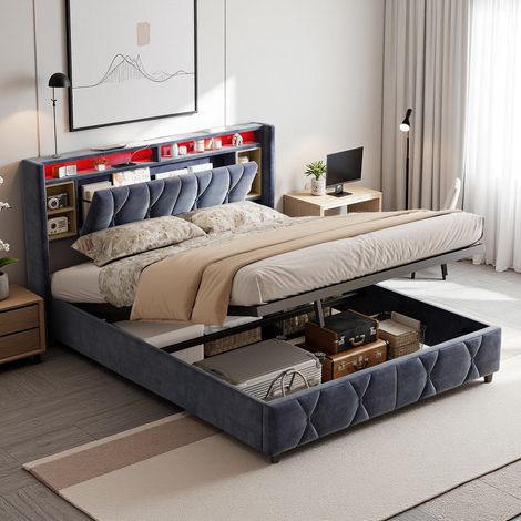 Lit rembourré 160 x 200 cm, tête de lit avec rangement, LED et port de charge USB, lit gonflable, lit ado avec rangement, velours, gris (livraison locale) (1/5)