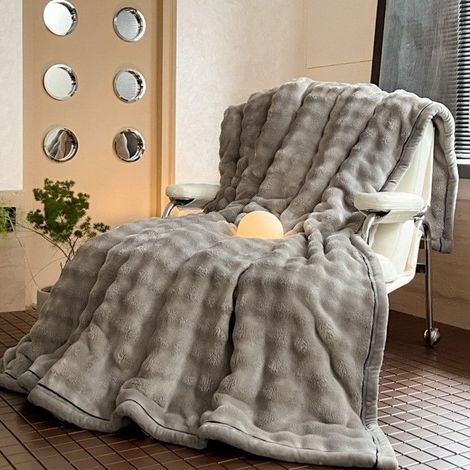 Couverture Polaire Épaisse Bulle Imitation Fourrure de Lapin,Gris clair Plaid Flanelle Uni 150x200cm, Jeté de Canapé, Couvre-Lit (1/4)