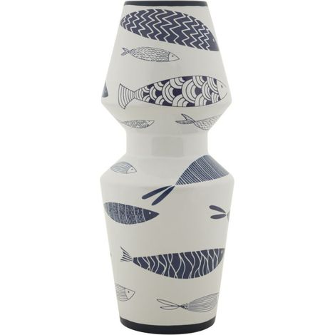 Vaso Fish Double in ceramica bianca con decoro a pesci blu 14x34 cm