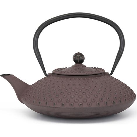 Bredemeijer Tetera plana de hierro fundido Asia de 1,25 litros, color berenjena, gran jarra esmaltada para inducción con filtro de acero inoxidable
