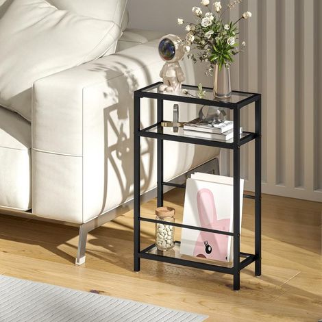 Beistelltisch kleiner Couchtisch mit 3 Ebenen, Tischplatte aus Hartglas, Modernes Nachttisch Sofatisch mit Stahlrahmen für Wohnzimmer, Schlafzimmer, Schwarz (1/5)