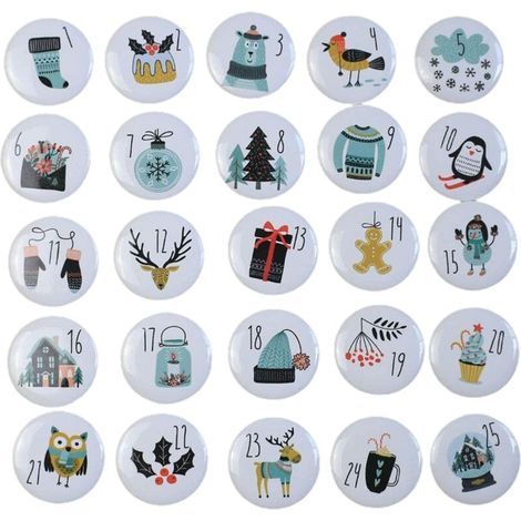 Calendario dell'Avvento di Natale con numeri da 1 a 25, set di bottoni rotondi per decorare regali, nastri, sacchetti in tessuto, pacchi (1/4)