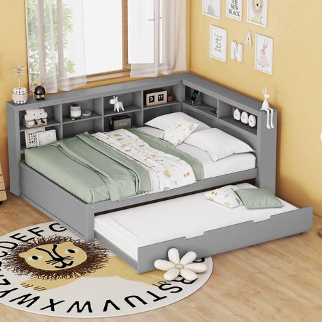 CHICFURN Cama nido 140x200 cm con cama 90x190 cm, madera gris, USB y almacenaje (1/5)