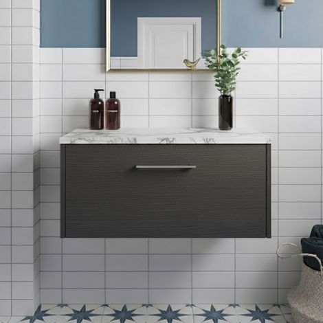 Hudson Reed Juno Wall Hung 1-Drawer Vanity with Carrera Marble Worktop 800mm Wide - Graphite Grey Woodgrain (1/4)
