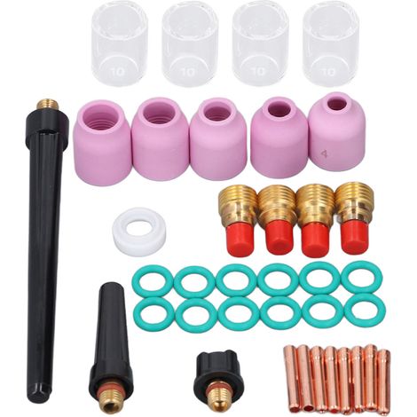 Ensemble 37 pièces accessoires torche TIG : buses céramique, godets verre, lentille gaz, pinces, joints toriques, capuchons arrière, bouchon avant PTFE (1/5)