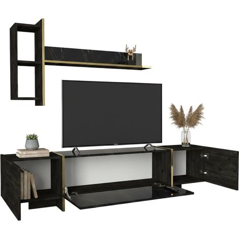 Dmora - Mueble de televisión Dpascutt, Aparador de salón, Mueble bajo para TV, Base de pared equipada, 180x32h45 cm, Negro y Oro