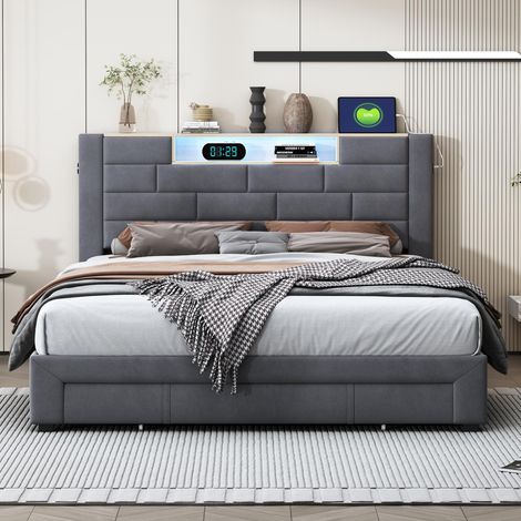 Polsterbett 160x200 cm mit Schubladen - Bett für Erwachsene mit hydraulischem Bettkasten, RGB-LED-Beleuchtung & USB-/Type-C-Anschlüssen - Samt, Grau