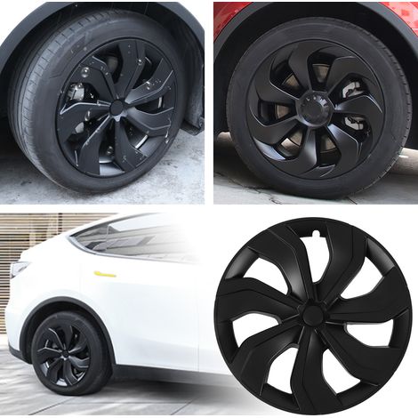 (T04) (Video verfügbar) 4 mattschwarze Radkappen für 19-Zoll-Felgen des Tesla Model Y (2020–2023) (Blade-Design, ohne Markierungen) Symmetrisches Design (1/5)
