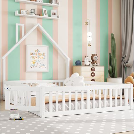 DESVIAE Lit enfant avec forme de cheminée 140 x 190 cm avec sommier à lattes barrières de sécurité pin et MDF blanc (1/5)