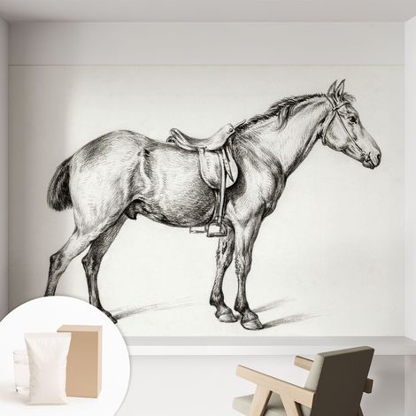 Papier peint intissé décoratif avec colle pour salon chambre et bureau Installation rapide Esquisse de cheval 152x104 cm (1/5)