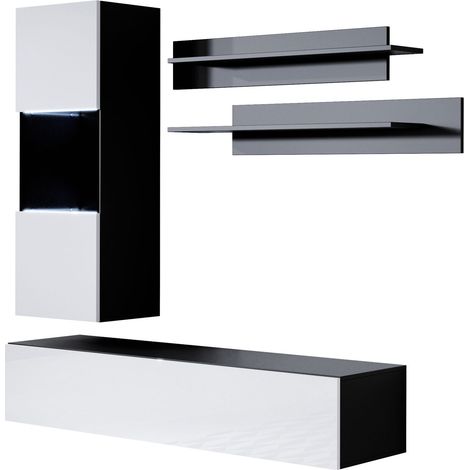 Wohnwand mit LED  Mediawand  Möbel TV  TV-Schrank  Wohnzimmer  Wohnmöbel  Anbauwand  Möbelkombination  Hängend  160cm  Luke 6D  Schwarz mit Weiß Glanz