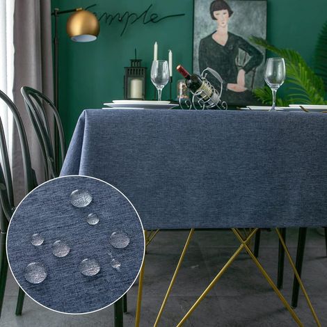 1 Nappe, 140x140cm, Polyester, Imperméable, Effet Lin, Bleu, Salle à Manger