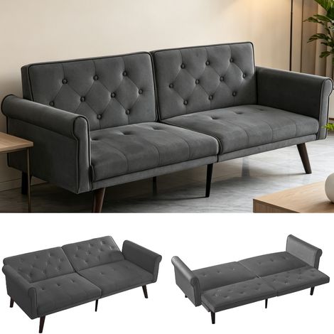 Canapé convertible 2 places gris en velours avec dossiers réglables (1/5)