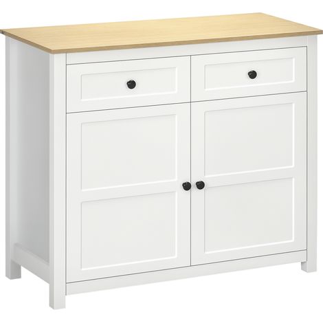 Commode meuble de rangement 2 portes avec étagère réglable en hauteur 2 tiroirs 100 x 40 x 85 cm blanc et aspect bois (1/5)