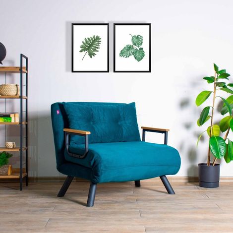 Cotecosy – Fauteuil convertible 67x78x78 cm tissu polyester bleu pétrole – Dossier inclinable 14 positions – Couchage 175x59 cm – Structure métal (1/5)