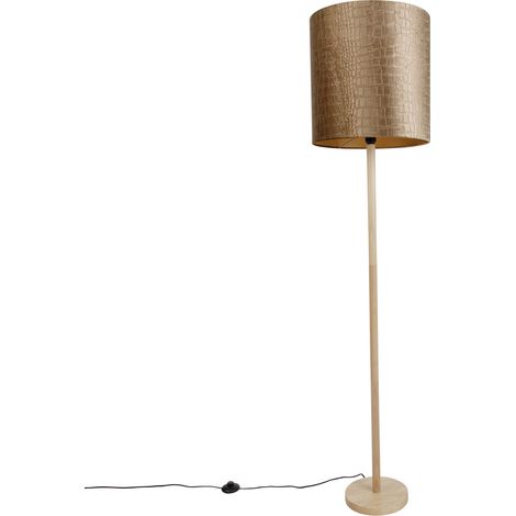 QAZQA Lámpara de pie de madera con pantalla de terciopelo con
