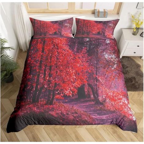 Ensembles de motifs d'arbres rouges de Housse de Couette Feuille d'automne Branche Parure de Lit 220x240cm Paysage naturel - H79 (1/3)