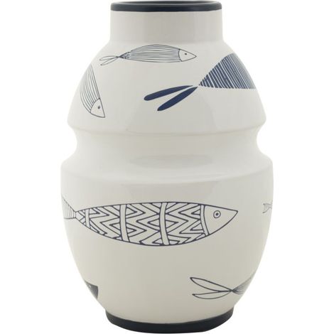 Vaso Fish in ceramica bianca con decoro a pesci blu 15x24 cm