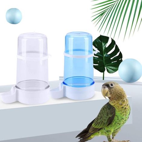 Bebedero para pájaros, 480 ml, Bebedero para loros, Bebedero colgante automático para jaula, agapornis y cacatúas (azul + transparente) (1/5)
