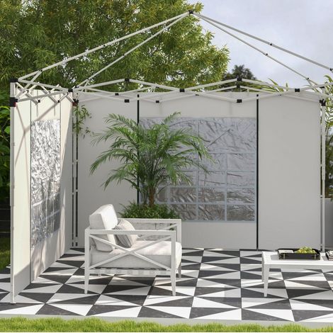 Lot de 2 parois latérales pour pavillon 3x3 m ou 3x6 m avec fenêtres relevables, portes zippées et fixation par sangles, blanc, tissu CHICFURN (1/5)
