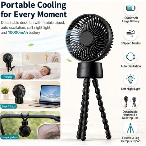 Ventilateur Octopus Rechargeable 10000mAh, Trépied Flexible et Veilleuse LED,Noir (1/5)