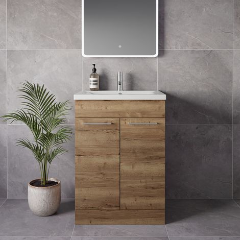 Napoli 460 Tobacco Oak 600mm 2 Door Vanity Unit with Glide Basin - 600mm - Chrome 160mm Handle