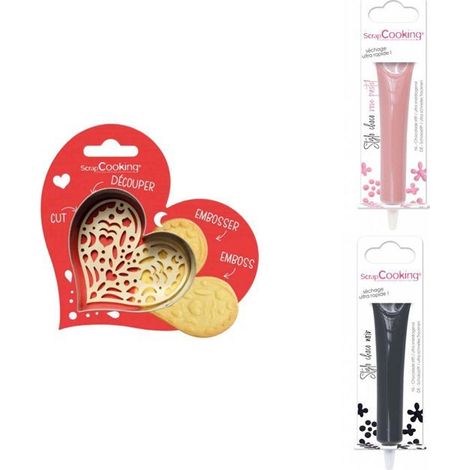 Kit pour biscuit en relief Coeur + 2 Stylos au chocolat rose pastel et noir (1/3)