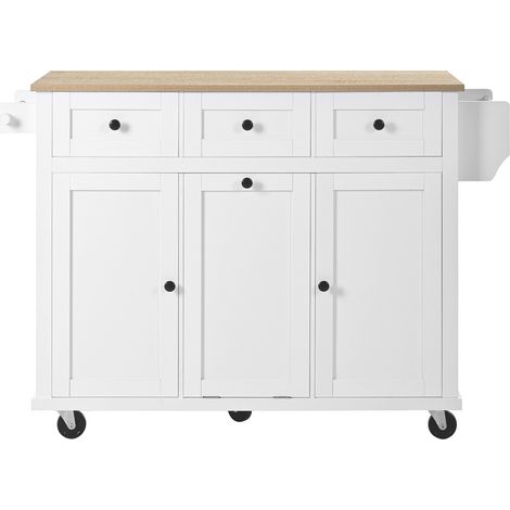 Îlot de cuisine mobile avec plateau extensible, compartiment déchets et tiroirs, blanc (1/5)