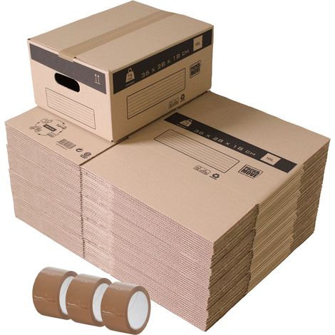 Lot de 60 cartons de déménagement 36 x 28 x 18 cm – Poignées renforcées – Capacité 10L – Résistants aux chocs et à l'humidité – Pack And Move