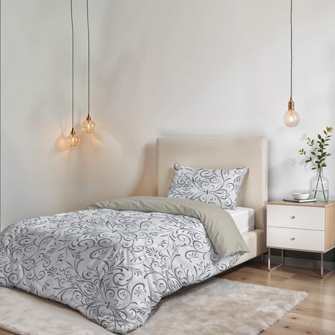 Parure de housse de couette SANS REPASSAGE FANTASY - Ensemble housse de couette - Lit 1,5 place, Microfibre - Housse 200x200 cm + Rabat et 1 taie d'oreiller 50x80 cm - Ornato Grigio (1/5)