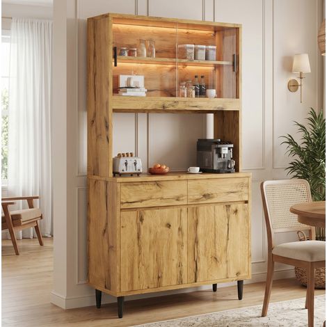 Buffet haut de cuisine avec LED, prises USB-A/USB-C et portes vitrées, panneau de particules décor chêne, 100x40x185 cm (1/5)