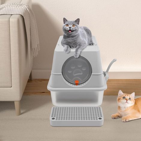 Katzenklo Edelstahl mit Deckel, XL Katzentoilette Geschlossen mit Katzenstreu Matte und Schaufel, Zwei-Tür-Konfiguration, Flip-Design, Geruchshemmend (Hellgrau) (1/5)