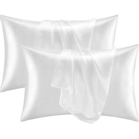 Lot de 2 taies d'oreiller en satin, imitation soie, douces et soyeuses, 51 x 66 cm, blanches, en polyester. (1/5)