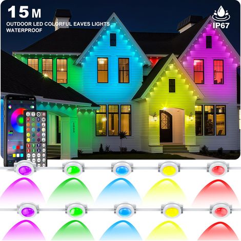 Permanente Außenbeleuchtung, wasserdichte RGB IP67 15m Außenbeleuchtung mit App-Steuerung – für Weihnachtsdekorationen, Gartenpartys und die alltägliche Gebäudebeleuchtung [Energieklasse A]