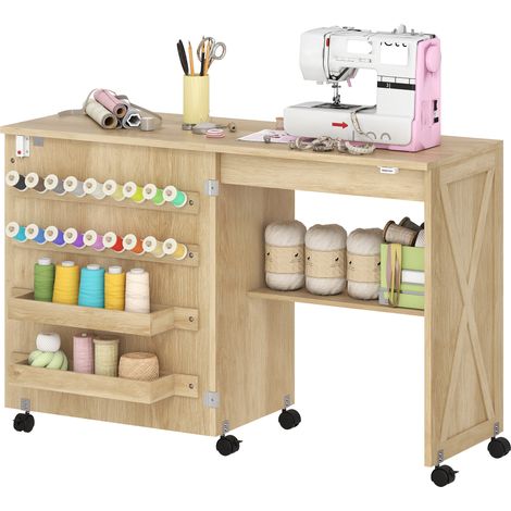 Table de Couture Pliante, Meuble Couture Roulant, Porte Magnétique de Grange, 2 Bacs, Étagère, 18 Chevilles, Naturel (1/5)